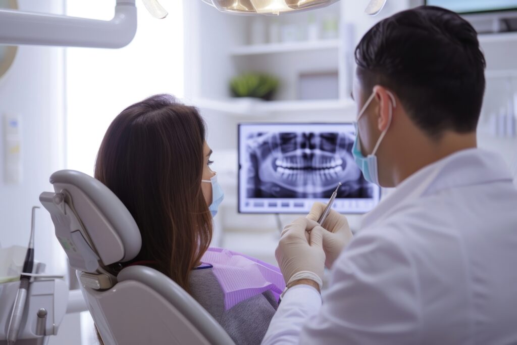 A patient in a dental chair and dentist looking at an x ray together - Leesburg Dentistry